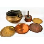 A Collection of copper and brass ware, to include a large copper cauldron together with five