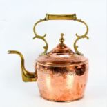 Large 20th century copper and brass kettle, with an embossed floral repeating pattern, 35cm high