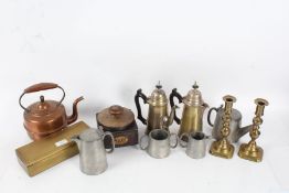 Collection of mixed metal ware, to include a pair of 19th century brass candlesticks, copper kettle,