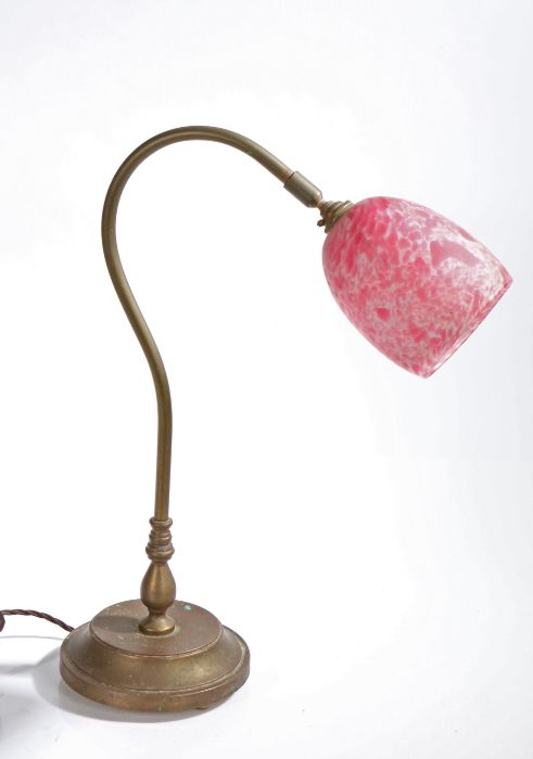Brass reading lamp, with mottled puce and white glass shade mounted to a curved arm and circular - Image 2 of 2