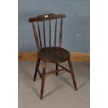 20th century elm seated penny chair, with a arched rail above turned slats on a circular elm seat
