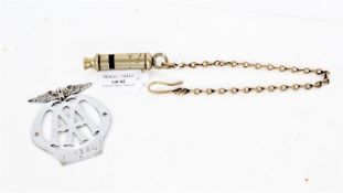 AA car badge, numbered 96615G, J. Hudson & Co. "The Metropolitan" whistle and chain with hook end (