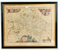 17th century hand coloured map of Buckinghamshire, housed in an ebonised and gilt glazed frame, 63cm