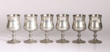 Set of six 20th Century pewter goblets, the baluster bowls raised on knopped stems and stepped feet,