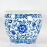 Large Chinese blue and white jardeniere/gold fish bowl, with a blue floral pattern on white