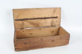 A 20th century oak artists style box, the rectangular top opening to reveal a leather strap, 43.