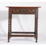 18th Century oak side table, the rectangular top above a single frieze drawer and turned legs united