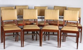 Set of nine early 20th mahogany dining chairs, the pad backs with bar and ball slats above the