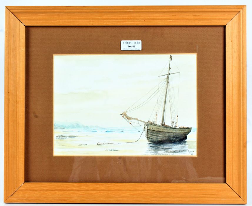 Vincent Neave (20th Century), study of a single masted boat moored on a beach, watercolour, signed