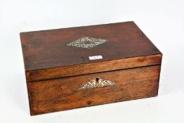 Victorian rosewood and mother of pearl inlaid writing box, the hinged lid enclosing a  leather