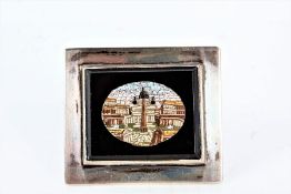 19th/20th century Italian micro mosaic depicting a neoclassical building on a black background