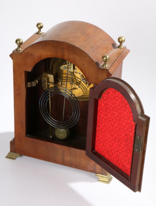 Late Victorian mahogany and marquetry inlaid mantel clock, the arched case with orb form brass - Image 2 of 2