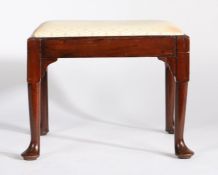 19th Century mahogany stool, the rectangular drop in seat above tapering legs and pad feet, 43cm