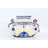 Large Portugese pottery vase, of squat baluster form, painted with blue flowers on a crackled