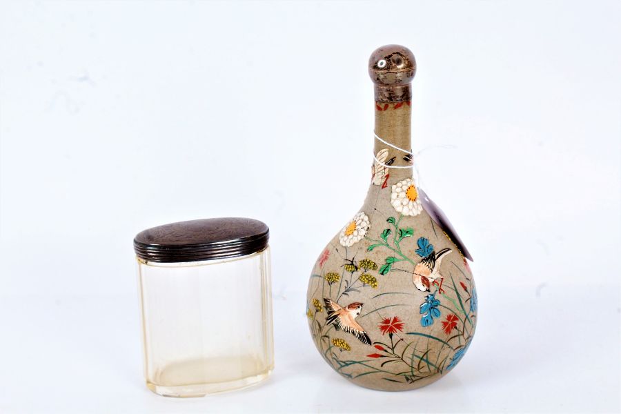 19th century Japanese bottle vase, having silver top with screw lid, decorated in enamels with birds