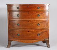 Regency mahogany and boxwood strung bowfront chest of four long drawers, raised on out swept bracket