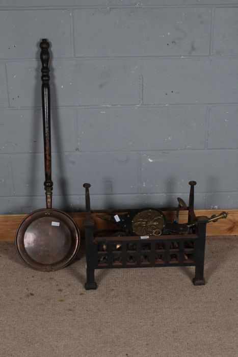 Iron fire basket together with a copper warming pan, bellows and various accompaniments (8)