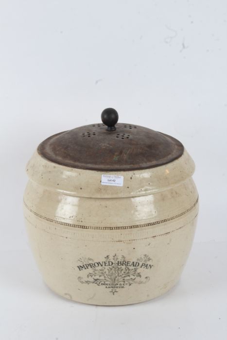 Doulton Lambeth & Co stoneware improved bread pan with a pierced tin lid, 34cm high