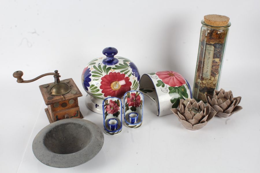 Collection of works of art to include a coffee grinder, Spanish porcelain, spices jar etc (Qty)