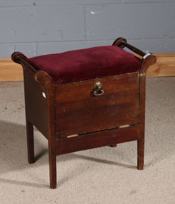 Edwardian mahogany piano stool, with drop down front, 57.5cm wide