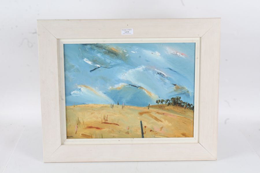 20th century British School, study of flying birds over a field, indistinctly signed oil on board,