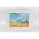 20th century British School, study of flying birds over a field, indistinctly signed oil on board,