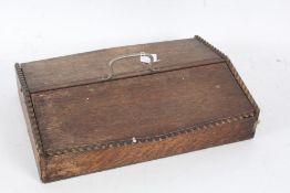 20th century oak artists box with two compartments, with gadrooned edges, beading and a carrying