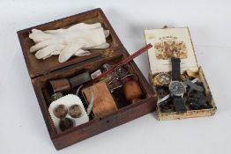 19th century wooden box containing bijouterie and sundries, and a square cigar box housing a pipe,