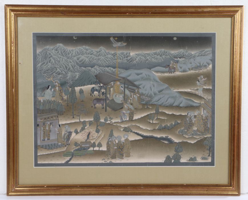 Chinese School (20th century) Nativity scene, painted on silk, gilt embellished, 39cm x 53cm, framed