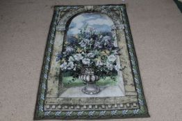 20th century needlework wall hanging by Lena Liu depicting garden flowers in a gadrooned pot under