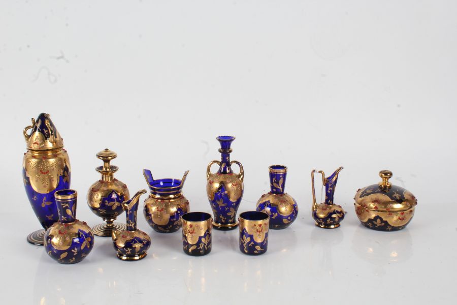 Collection of small Venetian glass items, to include bottles, ewers, vase and cover etc., (qty)