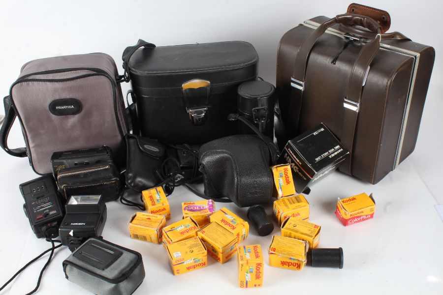 Cameras and accessories, to include Praktica MTL3 camera body with Pentacon 1.8/50 lens, Praktica