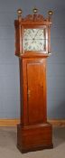 George III oak grandfather clock, Gudgeon of Bury St. Edmunds, having gilt ball finials above a swan