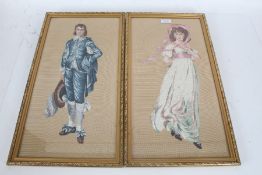 Pair of needlework embroideries, each depicting figures in 18th century costume, each with label