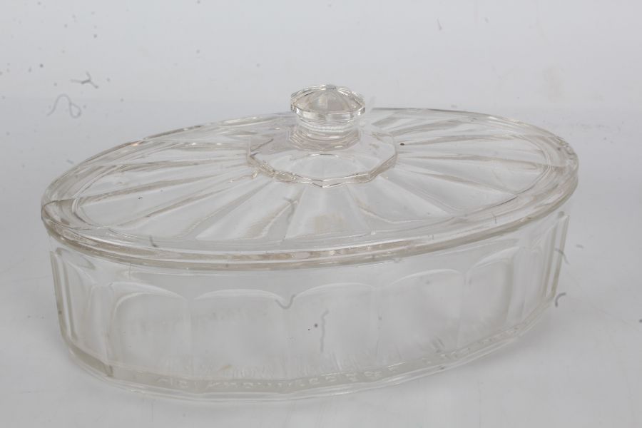 1920's pressed glass dish and lid, advertising "C.W.S., Jennie, Herrings in Tomato Sauce",