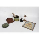 Collection of mixed items, to include coffin shaped money box, glass photo surround/frame, carved