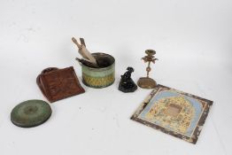 Collection of mixed items, to include coffin shaped money box, glass photo surround/frame, carved