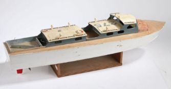 Scratch built wooden model remote controlled boat, with white hull and numbered 375, with Futaba