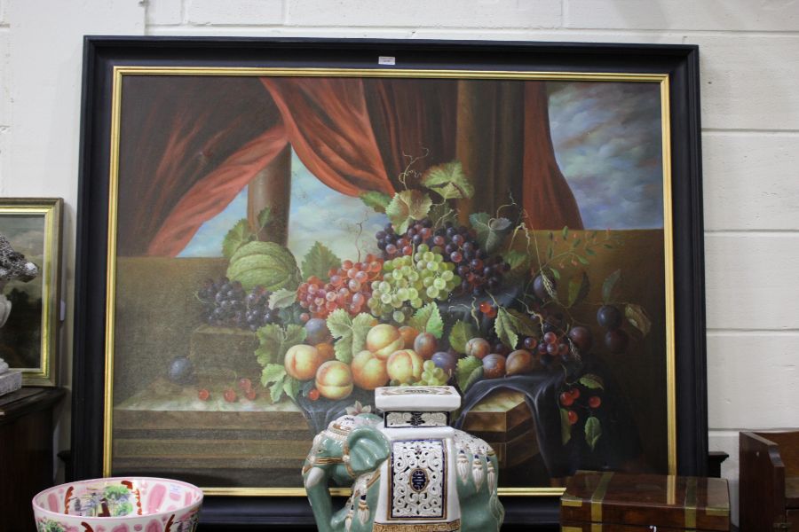 A large 20th century still life study of fruit, unsigned, oil on canvas, 90cm x 120cm