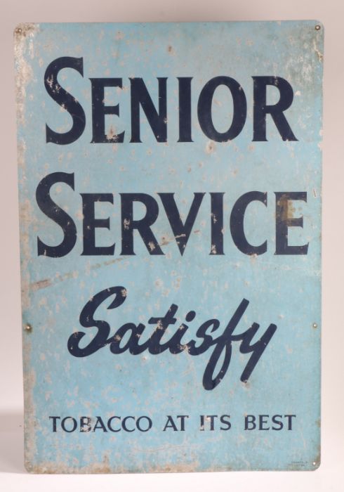 Advertising tin sign, "SENIOR SERVICE SATISFY, TOBACCO AT IT'S BEST", 61cm x 91.5cm