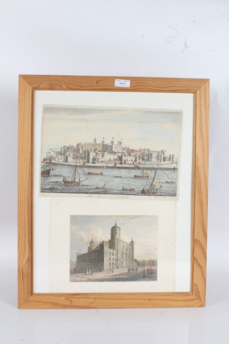 Two colour plates depicting the tower of London housed within a pine and glazed frame, 56cm by 46cm