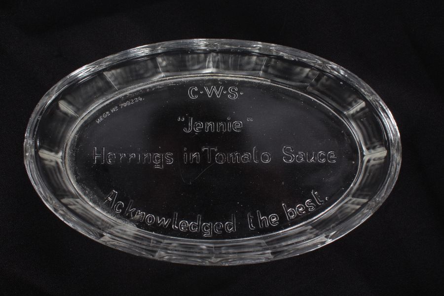 1920's pressed glass dish and lid, advertising "C.W.S., Jennie, Herrings in Tomato Sauce", - Image 2 of 2