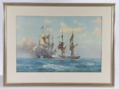 Naval print after Derek G.M. Gardner, depicting the capture of HM brig-sloop Reindeer by the