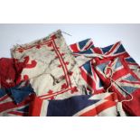 Collection of well used vintage printed British flags to include, Union flag 82 cm x 48 cm, Blue