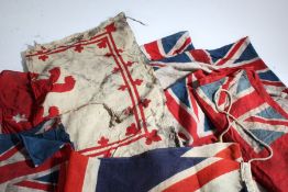 Collection of well used vintage printed British flags to include, Union flag 82 cm x 48 cm, Blue