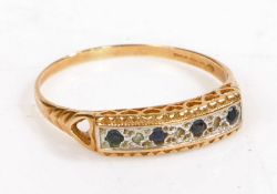 A gold, sapphire and diamond ring, gold marks partially rubbed, the head set with four sapphire