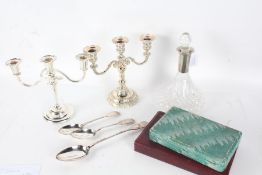 Silver plated ware to include two candelabra, cased set of fish knives and forks, plate mounted