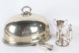 Silver plated ware, to include meat dish with beaded handle and rim, evening bag, trophy cup,