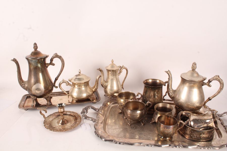 Silver plated ware, to include trays, tea and coffee pots, milk jugs, sugar bowls, bottle coaster,