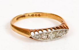 A 18 carat gold and diamond ring, the head set with five diamonds, weight 2.4 grams